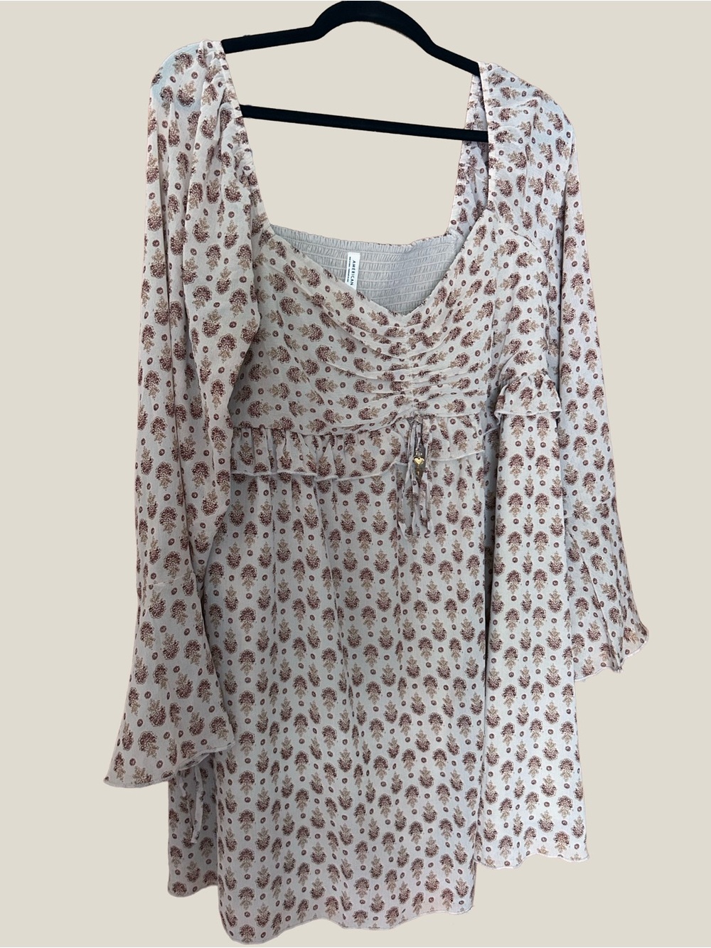 American Eagle Boho Floral Ruched Babydoll Dress w/ Bell Sleeves & Charms XL